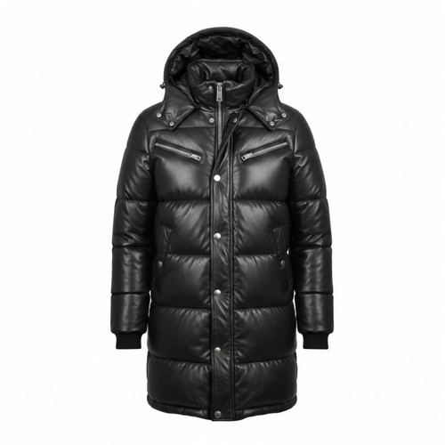 Men black leather long puffer - black,