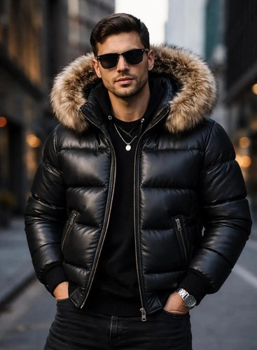 Men genuine leather - men’s, puffer